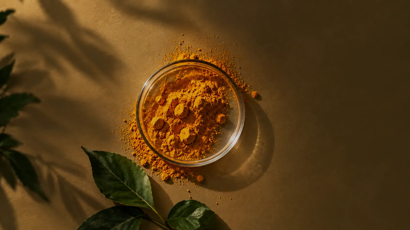 Bubuk curcumin dalam cawan kaca di atas permukaan cokelat kunyit, dengan daun hijau
