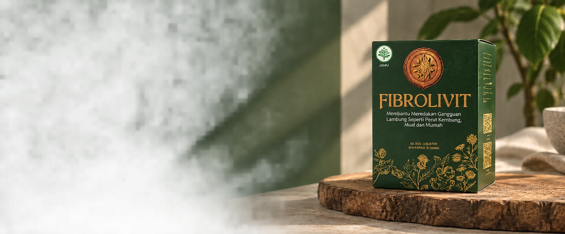 Kemasan Fibrolivit di atas talenan kayu
